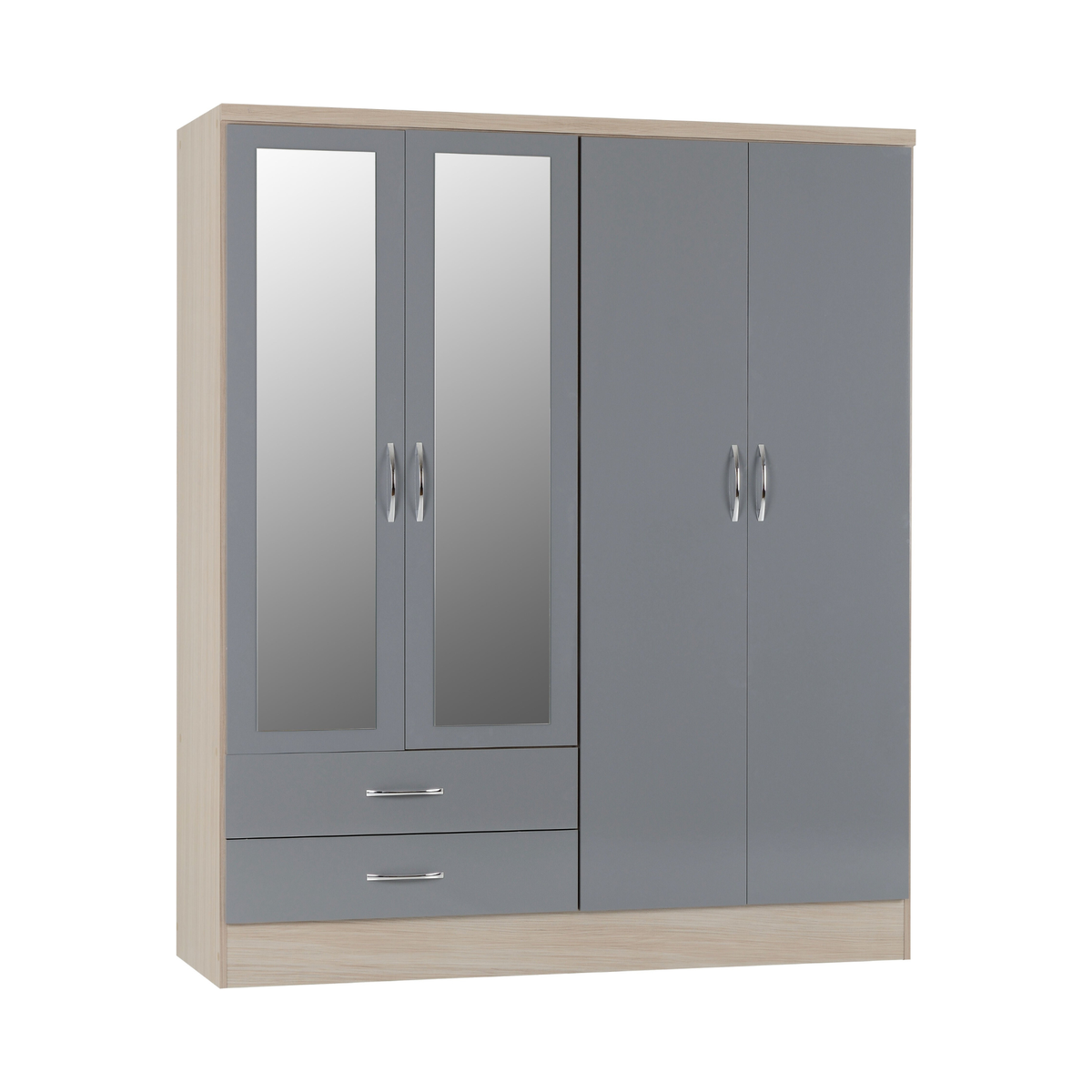 Nevada 4 Door 2 Drawer Wardrobe - Grey Gloss/Light Oak