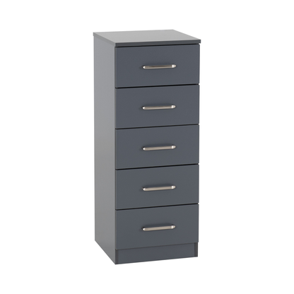 Dakota 5 Drawer Narrow Chest – Dark Grey, Compact Bedroom Storage