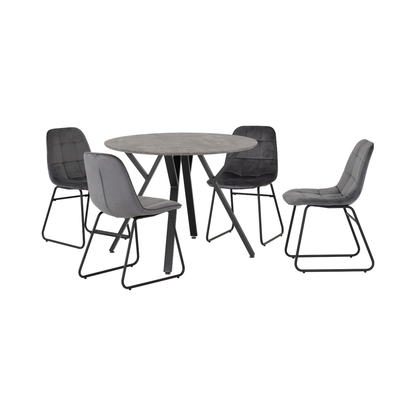 Athens Round Dining Set with 4 Lukas Chairs - Concrete & Grey Velvet