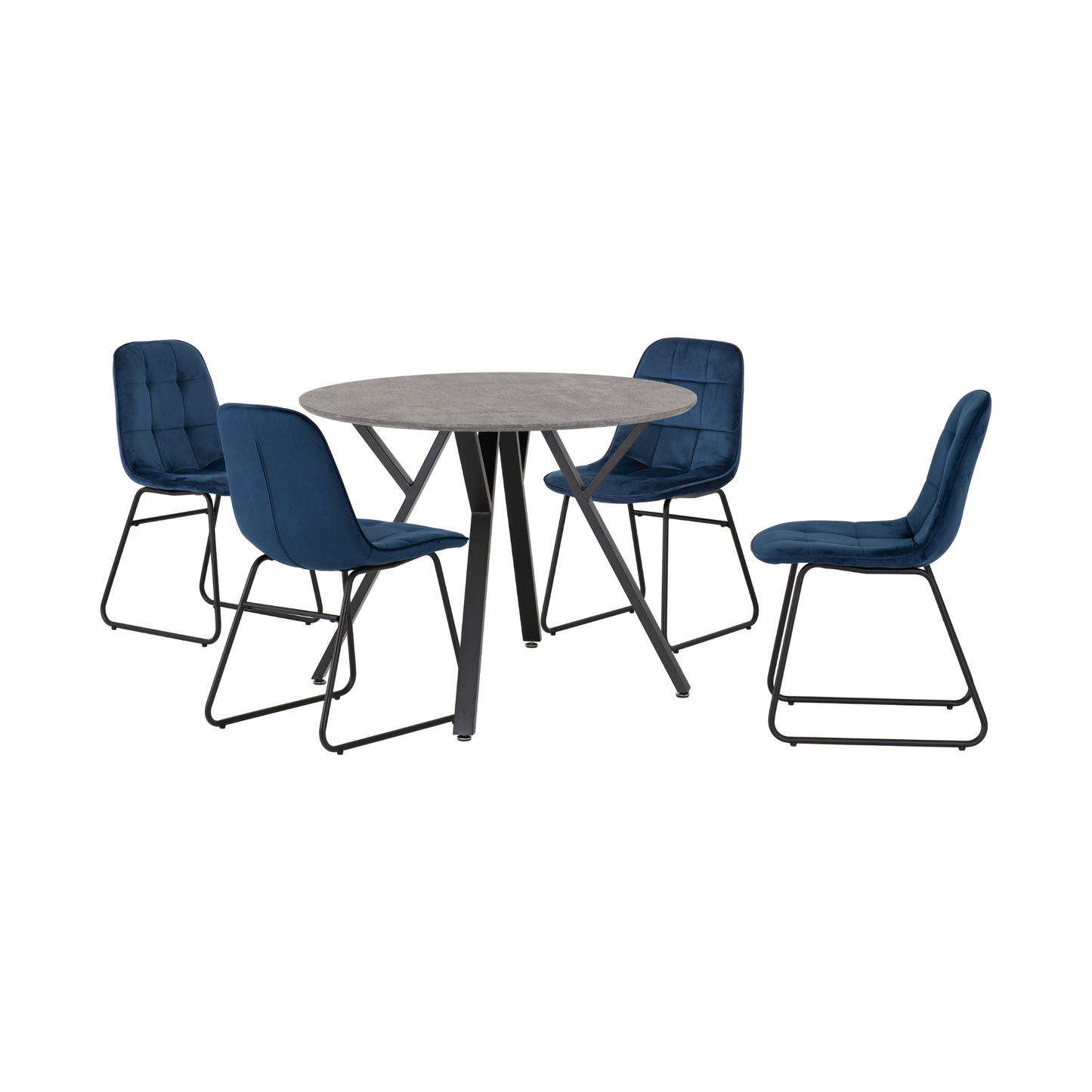 Athens Round Dining Set with 4 Lukas Chairs - Concrete & Sapphire Blue Velvet