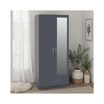 Dakota 2 Door Mirrored Wardrobe with Drawer – Dark Grey