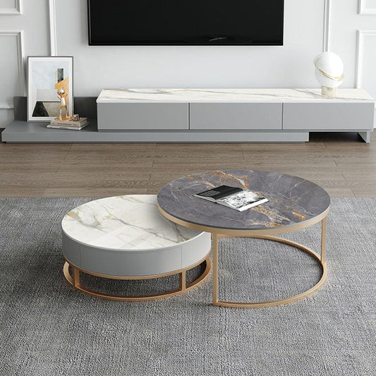 Lvinta Grey Round Nesting Coffee Table, Gold Base