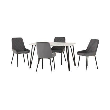 Marlow & Avery Dining Set (4 Chairs) - White Marble/Grey Velvet