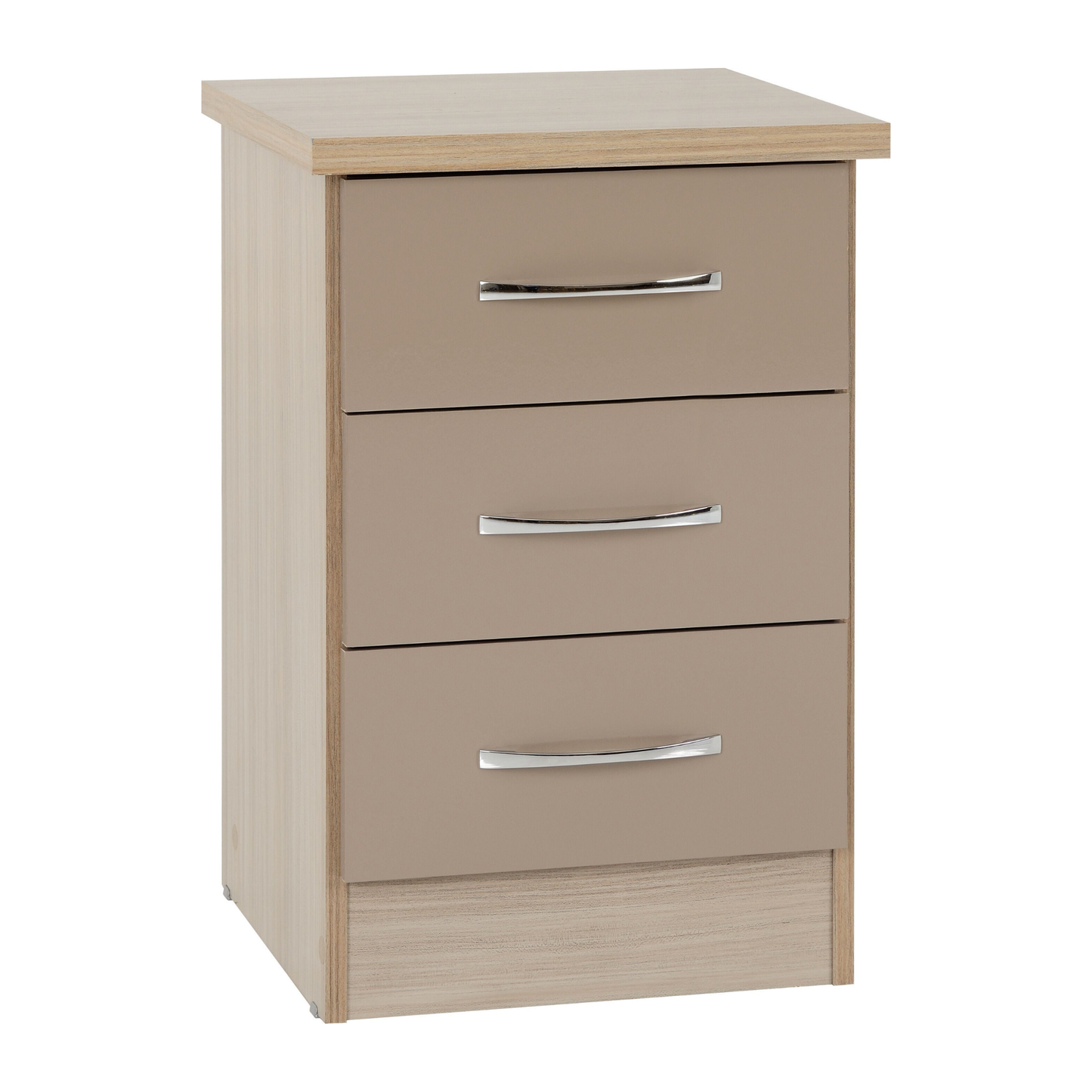 Nevada 3 Drawer Bedside – Oyster Gloss/Light Oak Effect