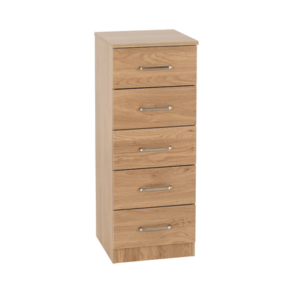 Dakota 5 Drawer Narrow Chest – Oak Effect, Compact Bedroom Storage