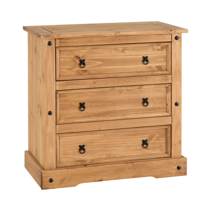 Corona 3 Drawer Chest – Distressed Waxed Pine, Rustic Storage