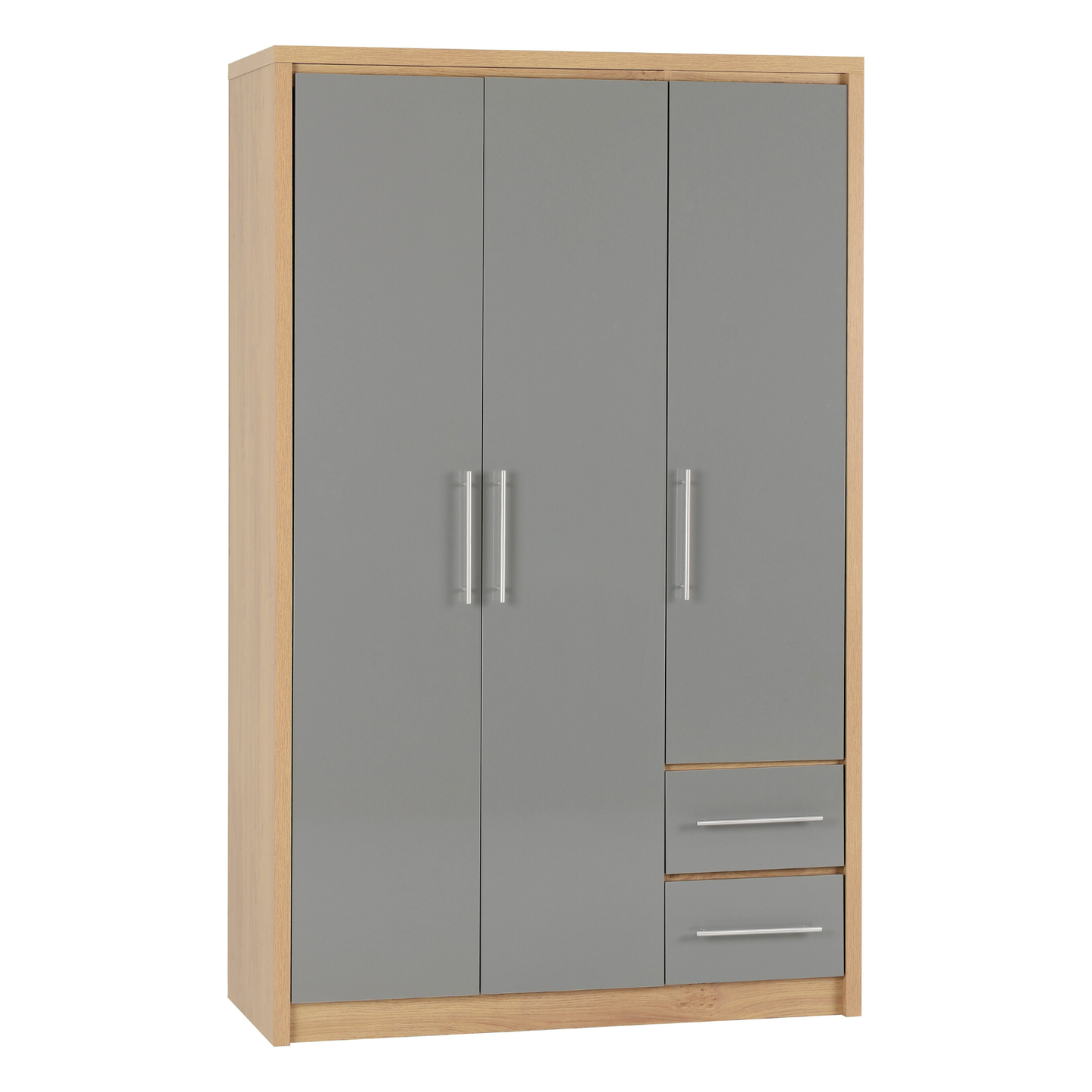 Seville 3 Door 2 Drawer Wardrobe - Grey Gloss/Oak Veneer