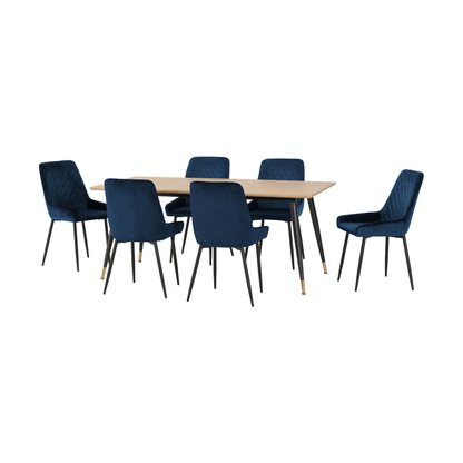 Hamilton & Avery Large Dining Set (6 Chairs) - Oak/Sapphire Blue Velvet