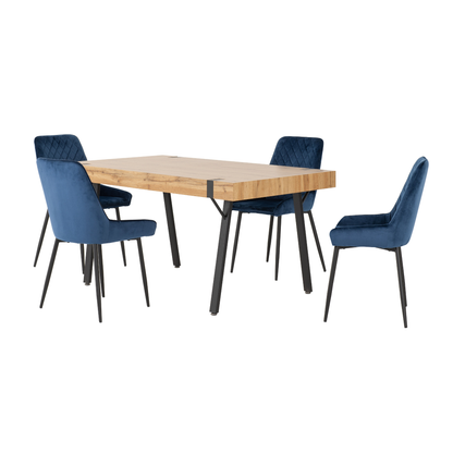 Treviso & Avery Dining Set - Light Oak Effect/Sapphire Blue Velvet