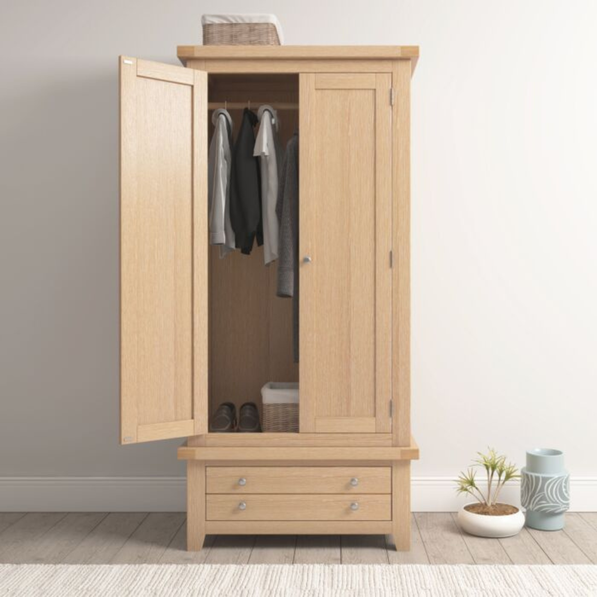 Windsor 2 Door 1 Drawer Wardrobe – Natural Oak