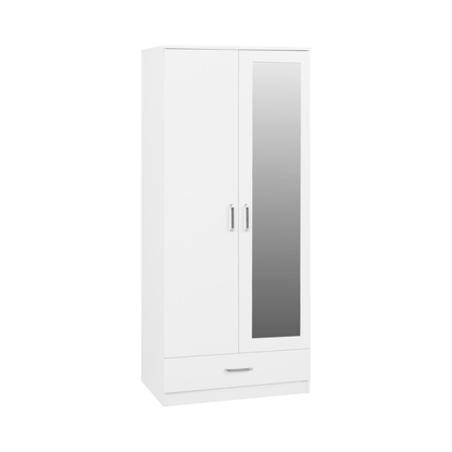 Dakota 2 Door Mirrored Wardrobe with Drawer – White