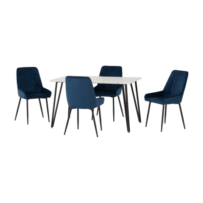 Marlow & Avery Dining Set - White Marble/Sapphire Blue Velvet