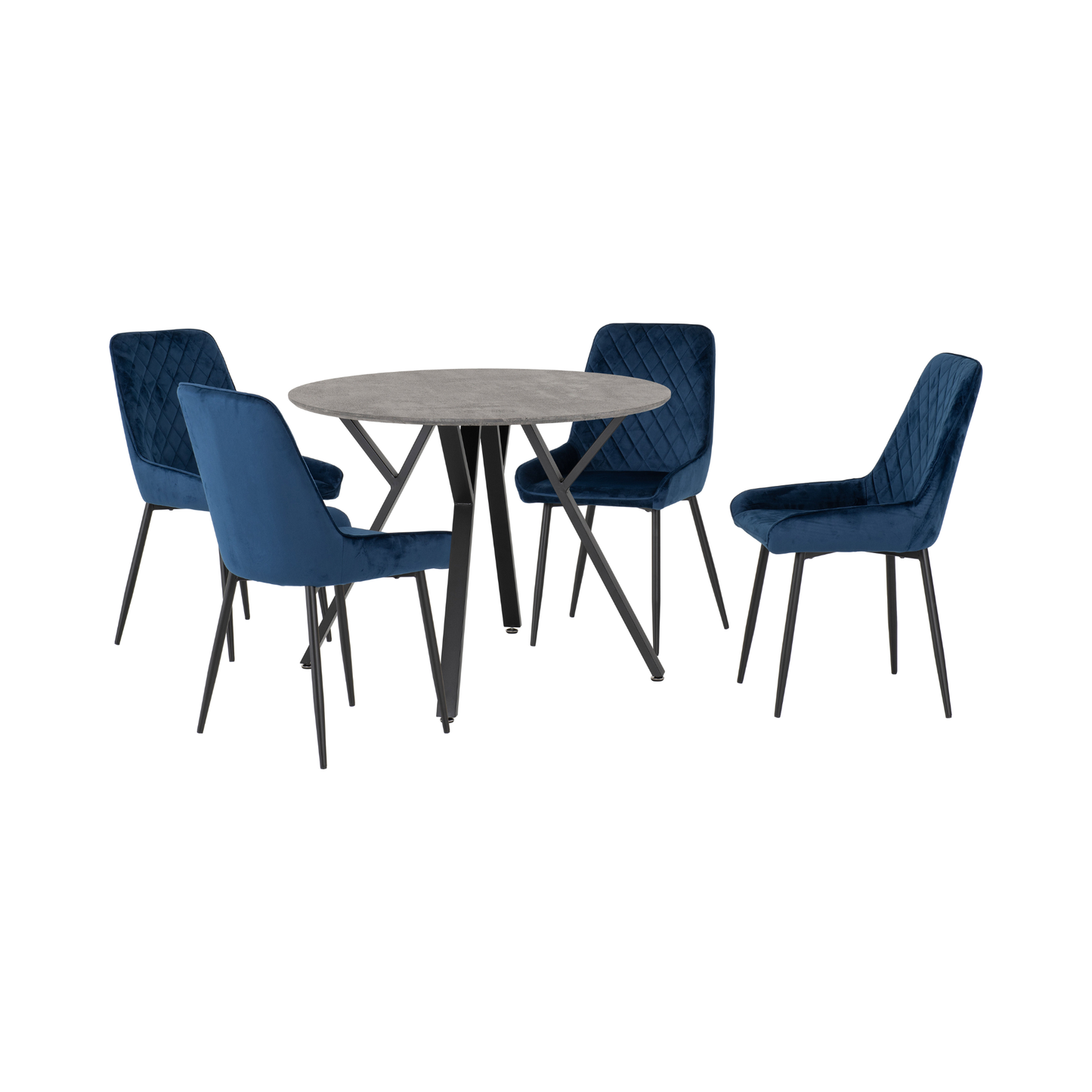Athens Round Dining Set with 4 Avery Chairs - Concrete & Sapphire Velvet
