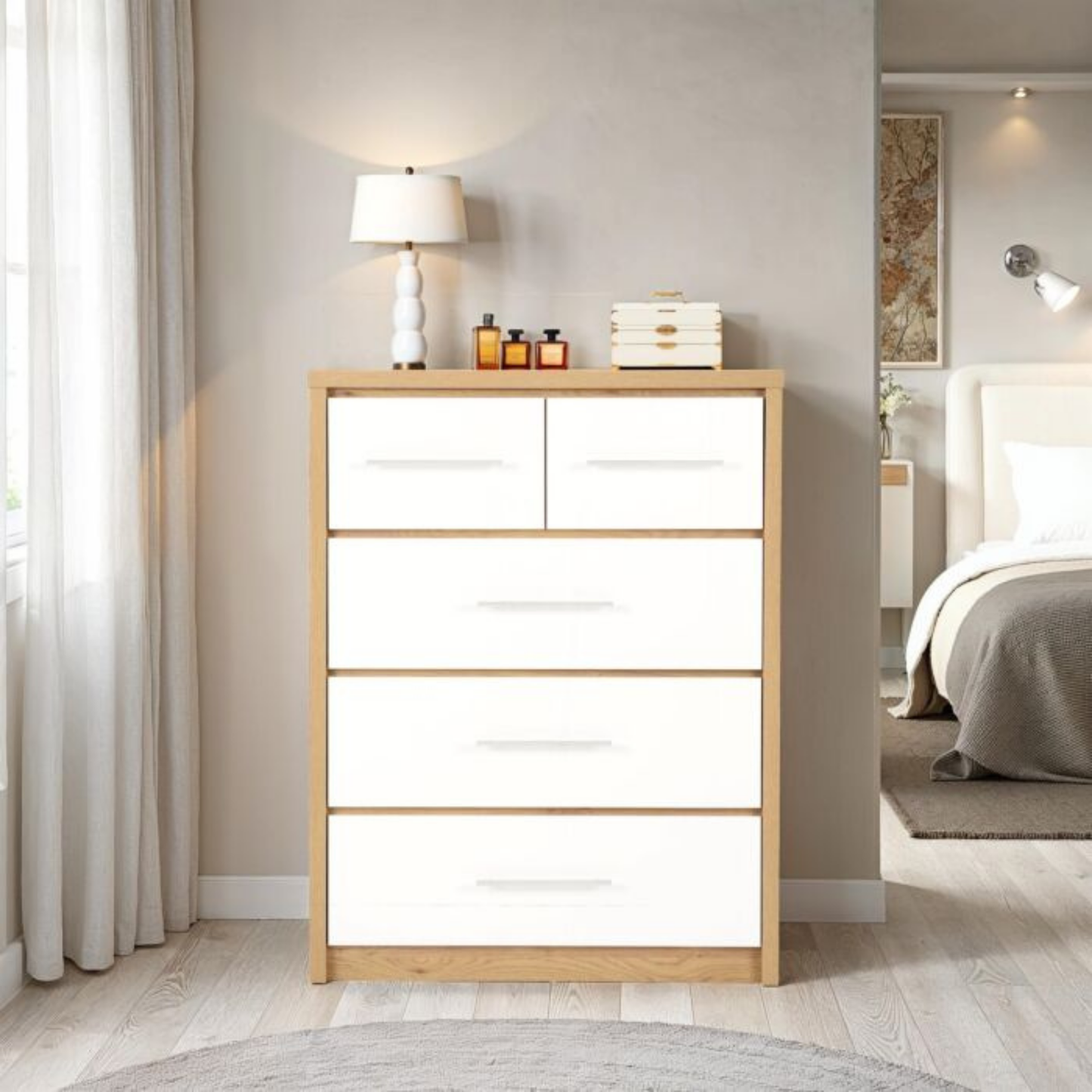 Seville 3+2 Drawer Chest - White Gloss/Light Oak Effect