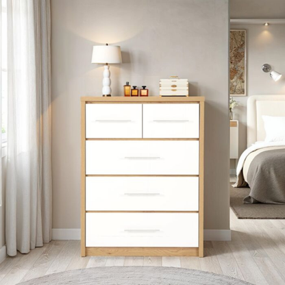 Seville 3+2 Drawer Chest - White Gloss/Light Oak Effect