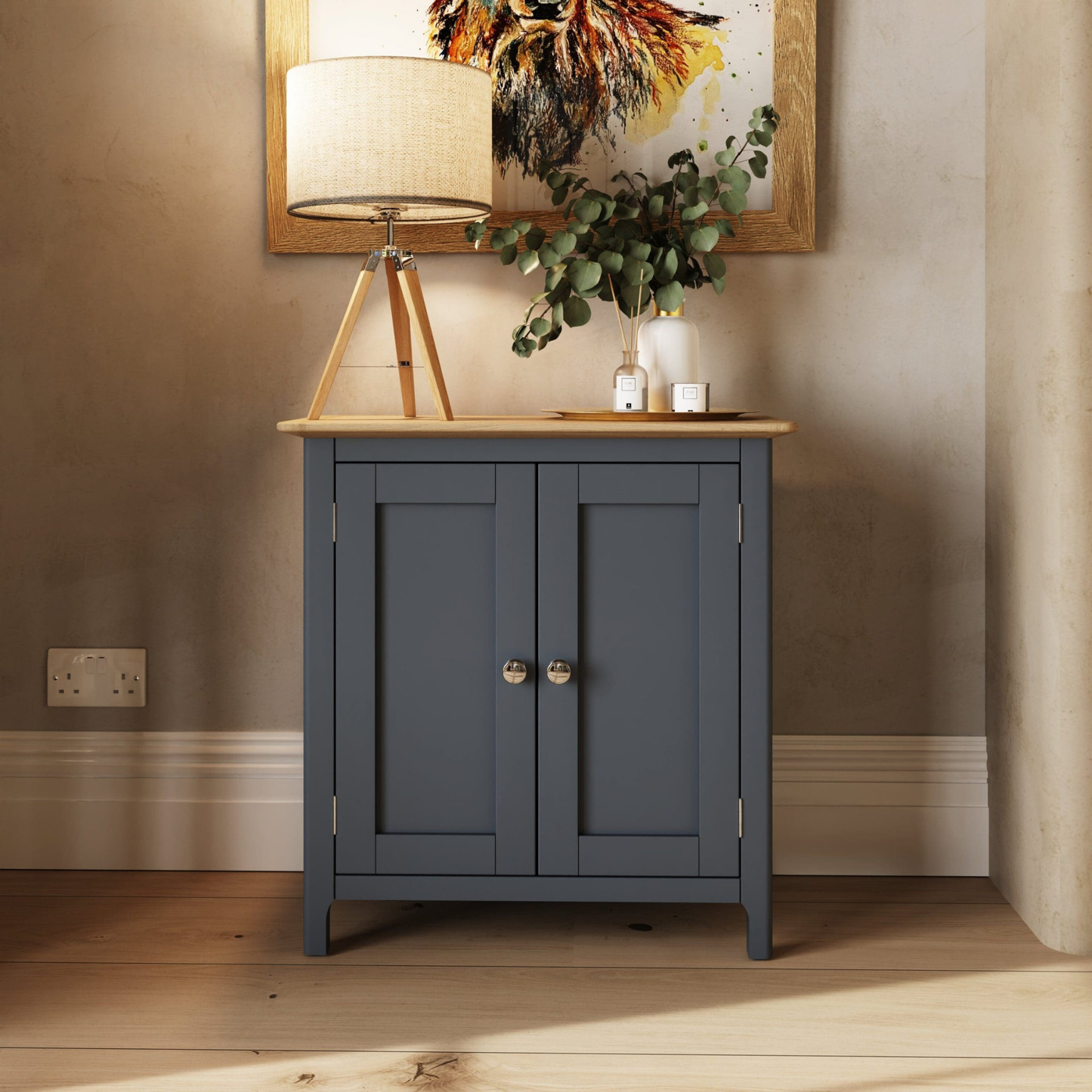 Taberno Oak 2 Door Compact Sideboard – Graphite Blue Modern Storage Cabinet