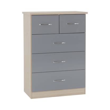 Nevada 3+2 Drawer Chest - Grey Gloss/Light Oak Effect Veneer