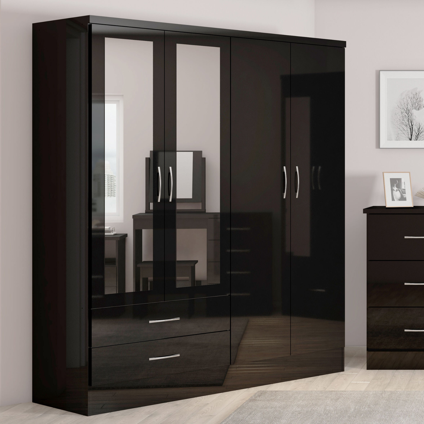 Nevada 4 Door 2 Drawer Wardrobe - Black Gloss