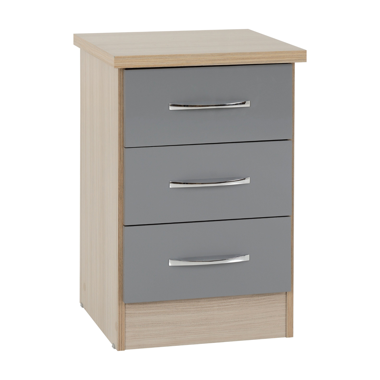 Nevada 3 Drawer Bedside - Grey Gloss/Light Oak Effect Veneer