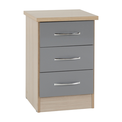 Nevada 3 Drawer Bedside - Grey Gloss/Light Oak Effect Veneer