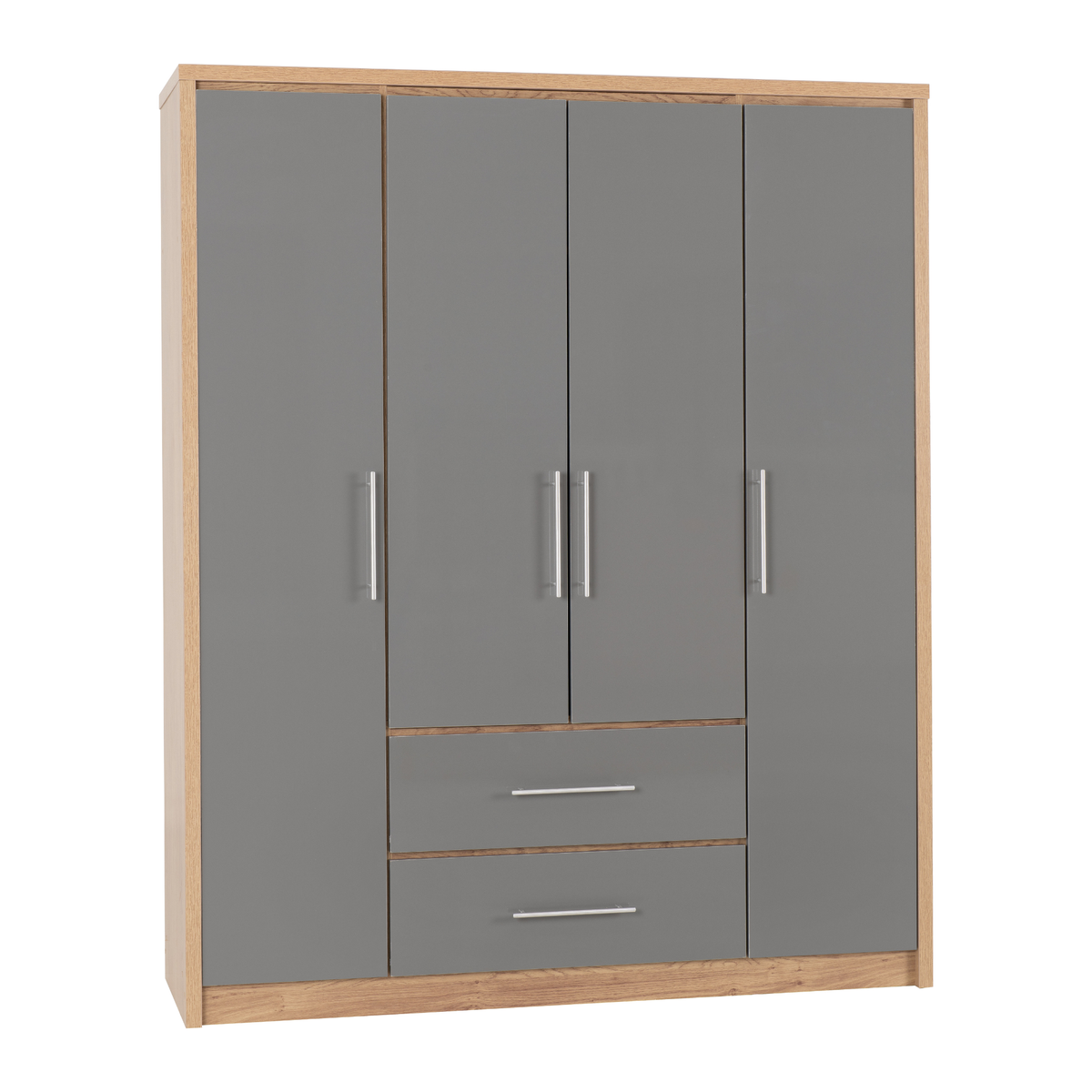 Seville 4 Door 2 Drawer Wardrobe - Grey Gloss/Oak