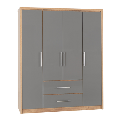 Seville 4 Door 2 Drawer Wardrobe - Grey Gloss/Oak