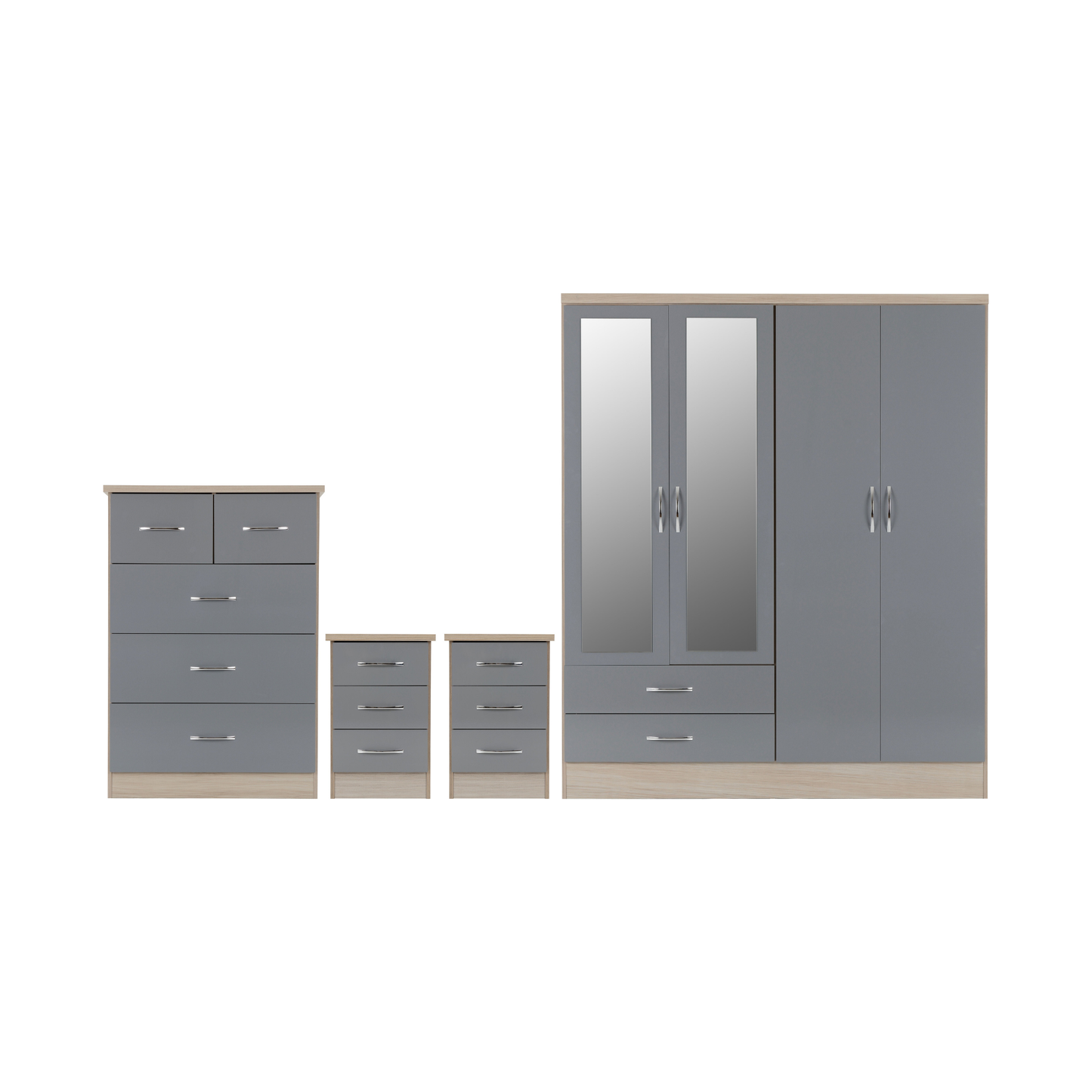 Nevada 4 Door 2 Drawer Wardrobe - Grey Gloss/Light Oak Veneer