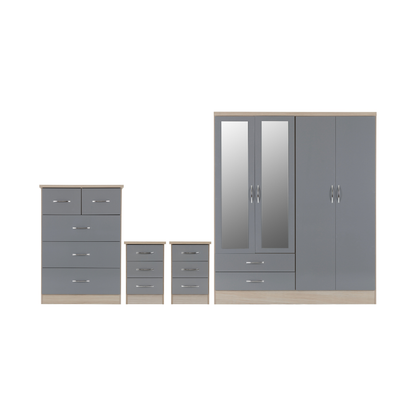 Nevada 4 Door 2 Drawer Wardrobe - Grey Gloss/Light Oak Veneer