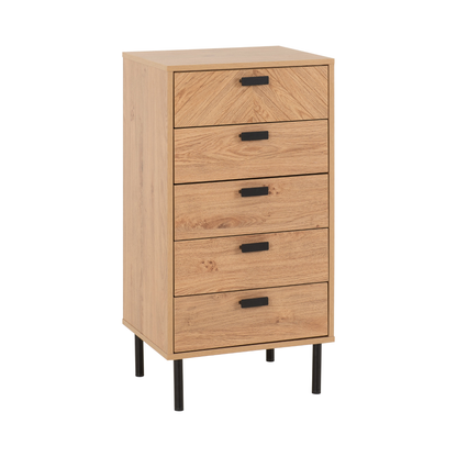 Leon 5 Drawer Narrow Chest – Medium Oak Effect, Vertical Storage Solution