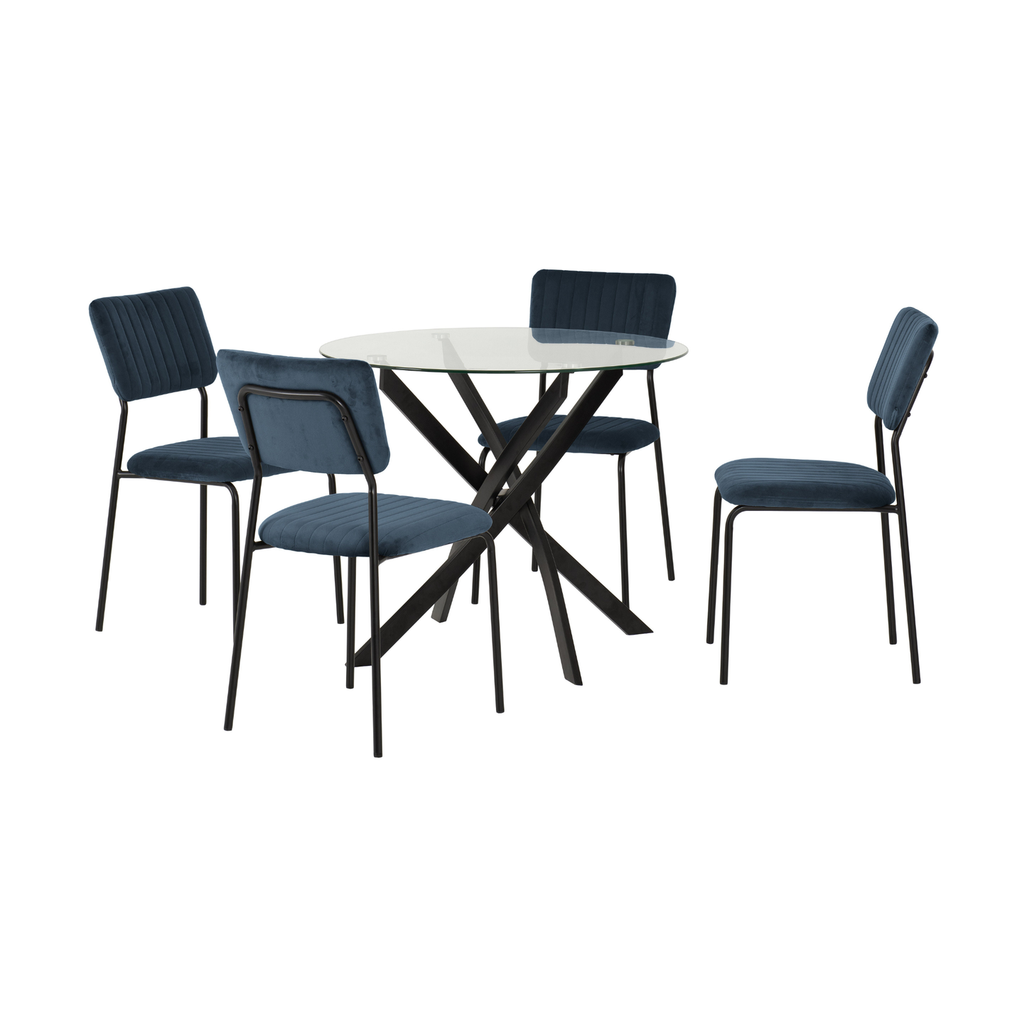 Sheldon Round Glass Dining Set - Clear Glass/Navy Blue Velvet