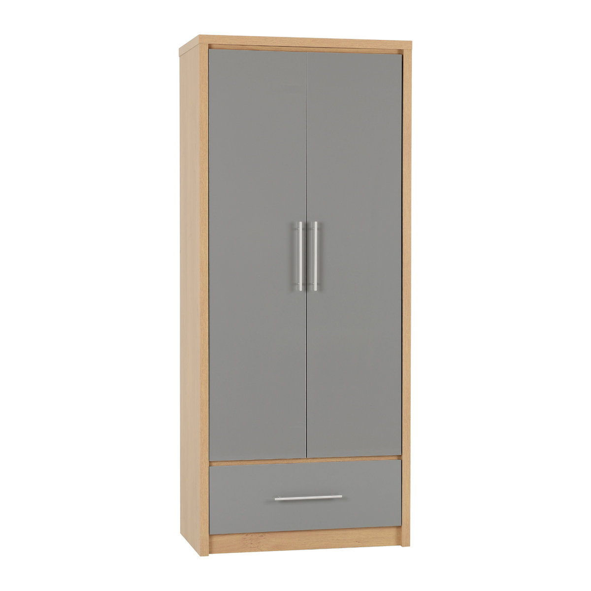 Seville 2 Door 1 Drawer Wardrobe - Grey Gloss/Oak Veneer