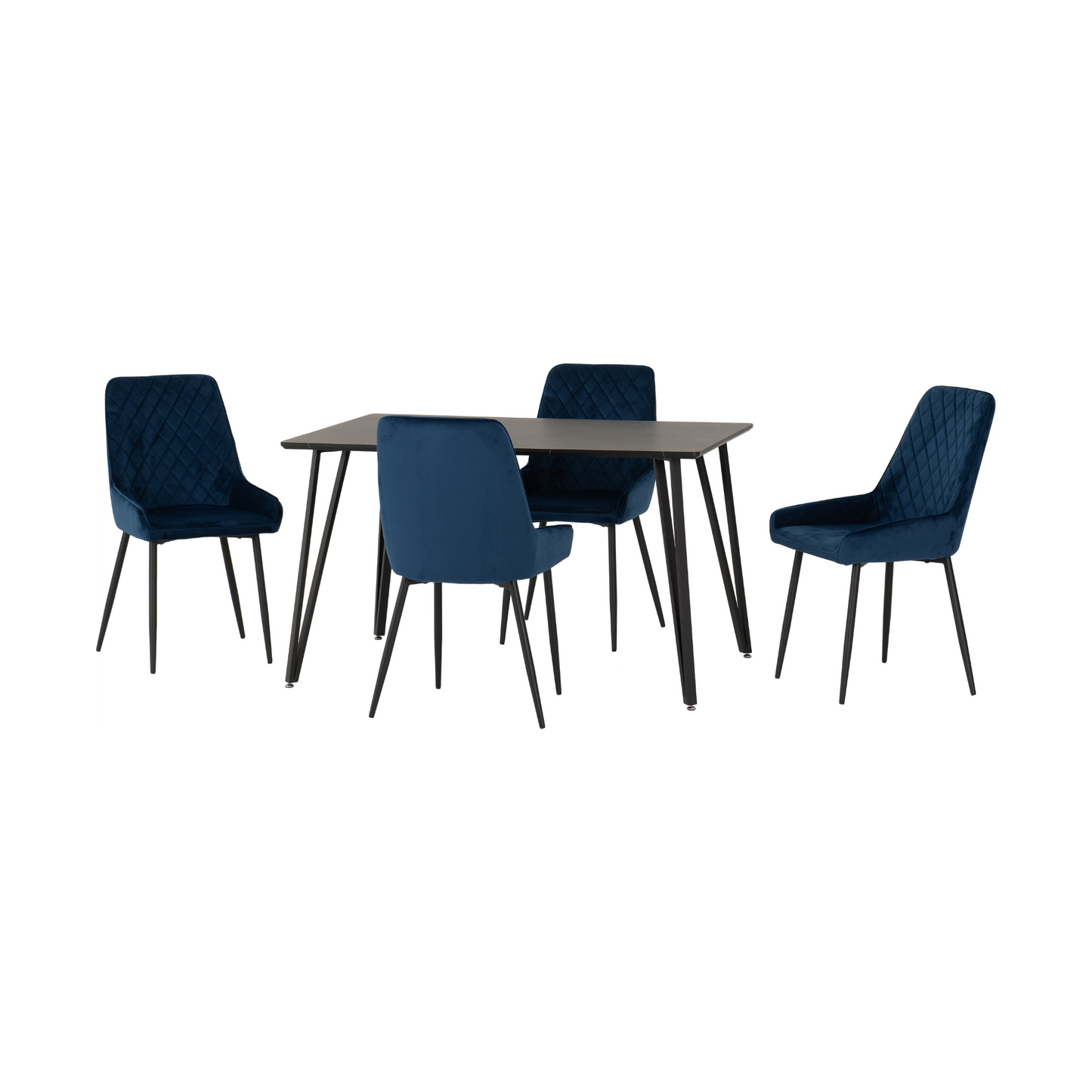 Marlow & Avery Dining Set - Black Marble/Sapphire Blue Velvet (4 Chairs)