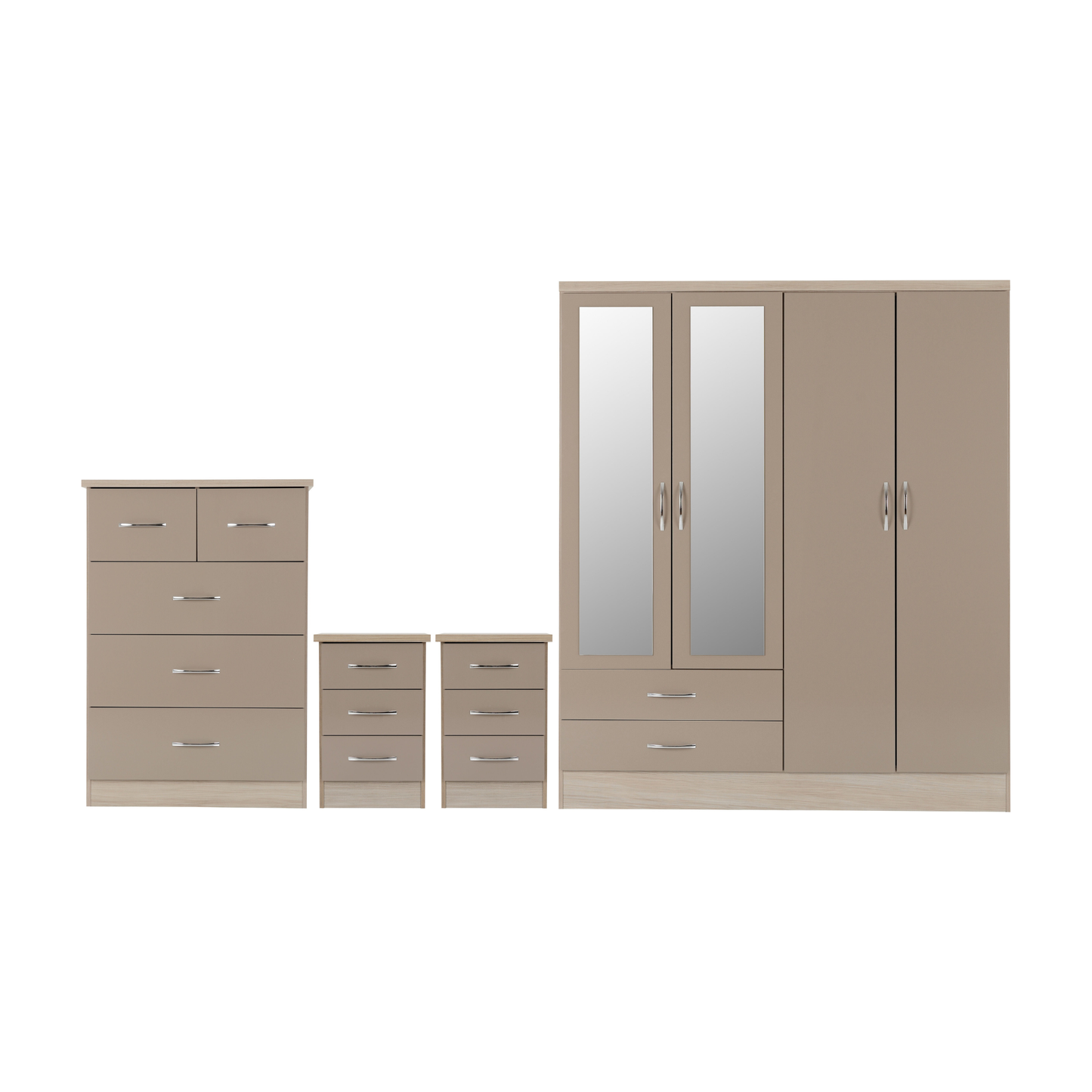 Nevada 4 Door 2 Drawer Wardrobe – Oyster Gloss & Oak | Large Bedroom Wardrobe UK