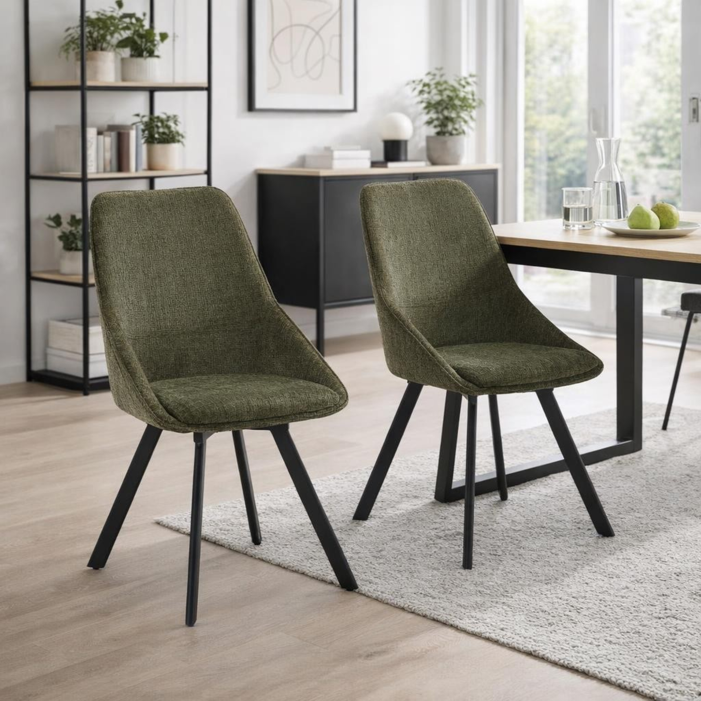 Myla Pack of 2 Swivel Dining Chairs – Green Chenille Fabric