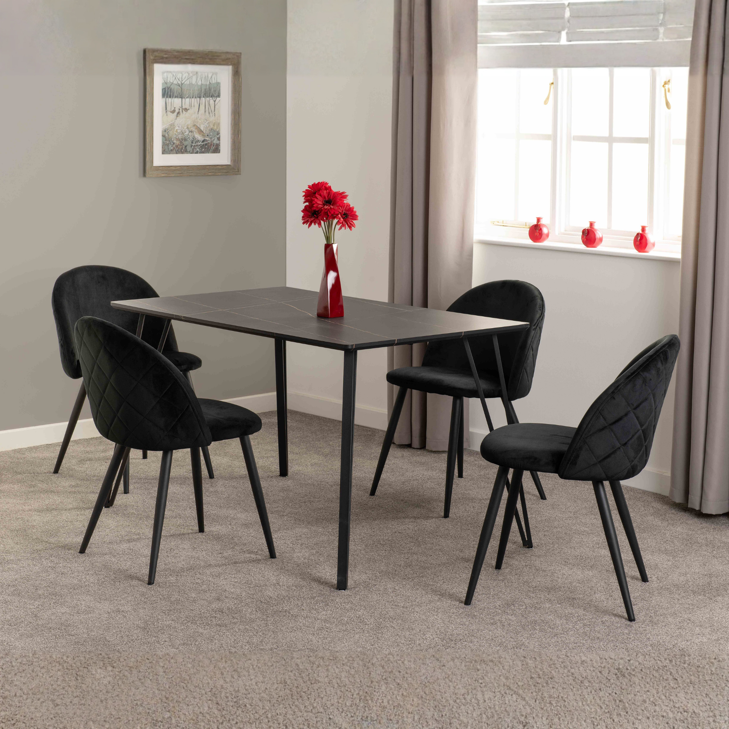 Marlow Dining Set 4 Chairs Black Marble/Black Velvet