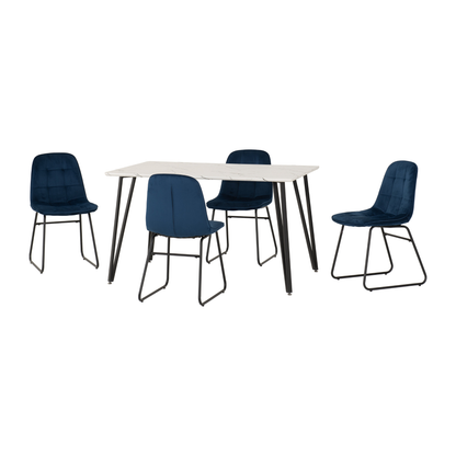 Marlow & Lukas Dining Set – White Marble & Sapphire Blue Velvet