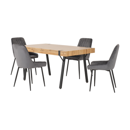 Treviso & Avery Dining Set - Light Oak Effect/Grey Velvet