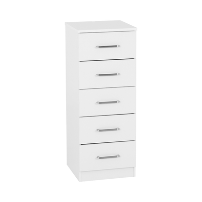 Dakota 5 Drawer Narrow Chest – White, Space-Saving Bedroom Storage