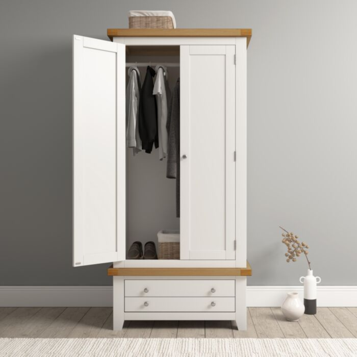 Windsor 2 Door 1 Drawer Wardrobe – Ivory/Oak