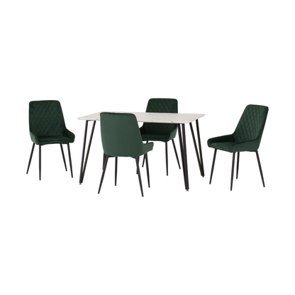 Marlow & Avery Dining Set - White Marble/Emerald Green Velvet (4 Chairs)