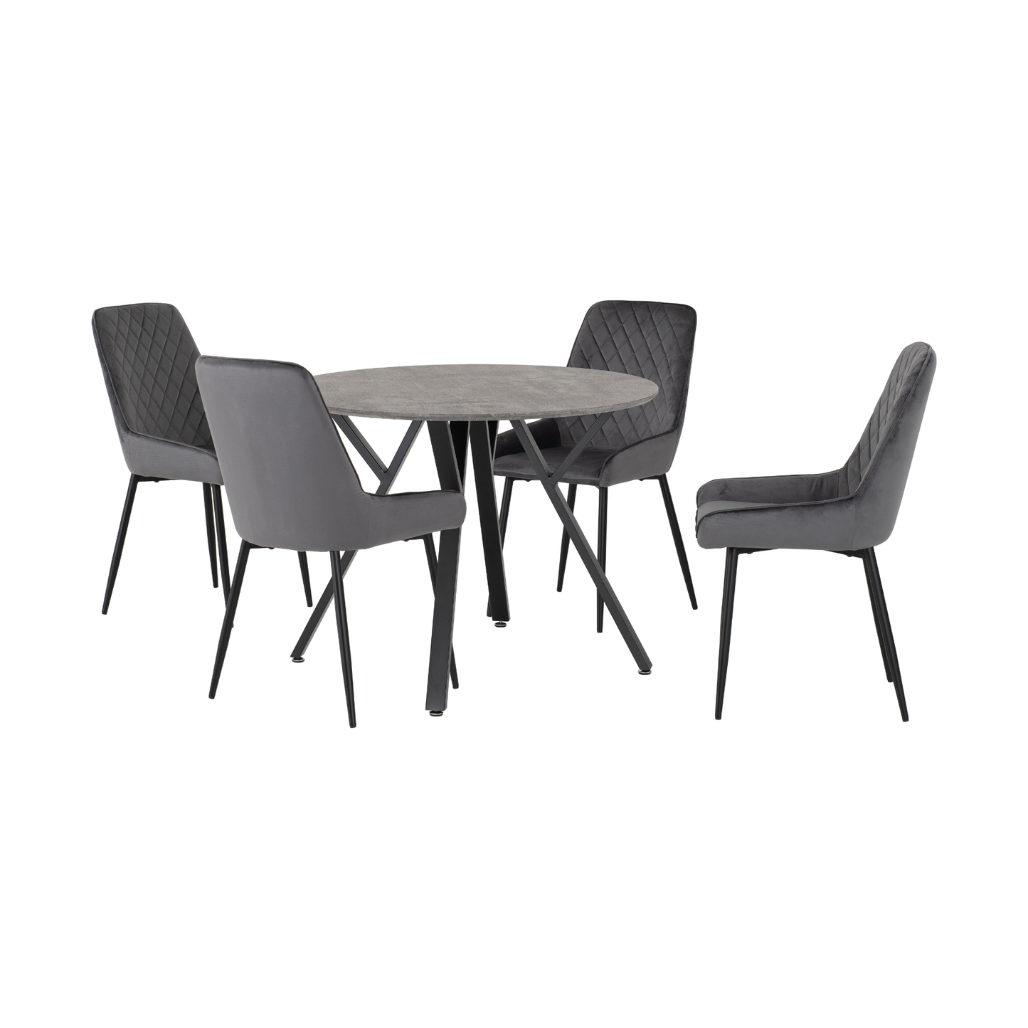 Athens Round Dining Set with 4 Avery Chairs - Concrete & Grey Velvet