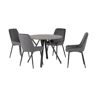 Athens Round Dining Set with 4 Avery Chairs - Concrete & Grey Velvet