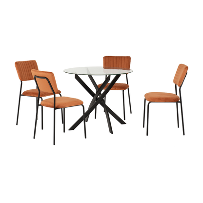 Sheldon Round Glass Top Dining Set - Clear Glass/Burnt Orange Velvet