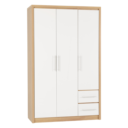 Seville 3 Door 2 Drawer Wardrobe - White Gloss/Oak Effect