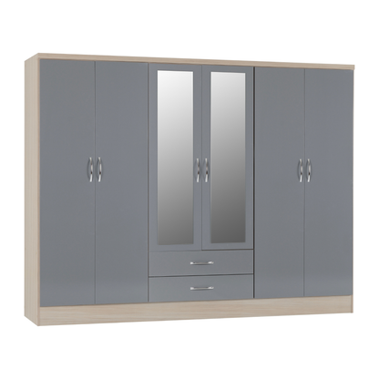 Nevada 6 Door 2 Drawer Wardrobe - Grey Gloss/Light Oak