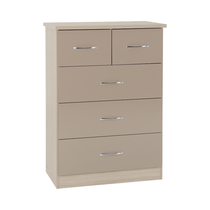 Nevada 3+2 Drawer Chest - Oyster Gloss/Light Oak Effect Veneer