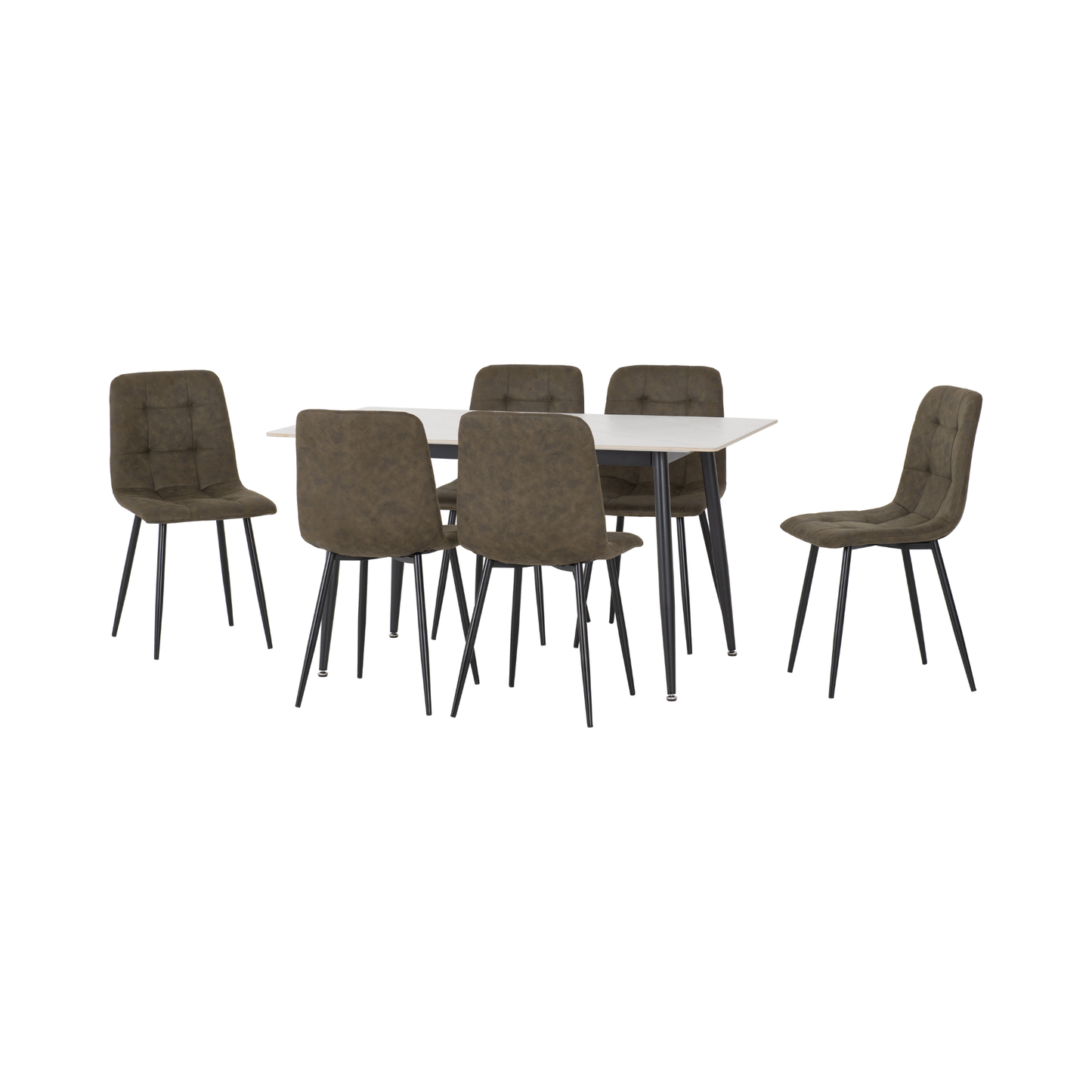 Fenton Dining Set with 6 Chairs - White & Olive Green Suede Fabric