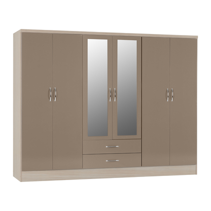 Nevada 6 Door 2 Drawer Wardrobe - Oyster Gloss/Light Oak