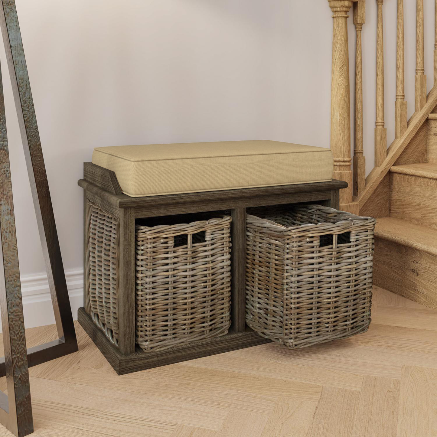 Maya Kubu Rattan Storage Bench with Baskets – Handmade Seat