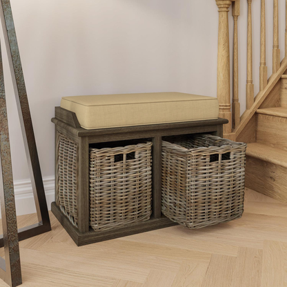 Maya Kubu Rattan Storage Bench with Baskets – Handmade Seat
